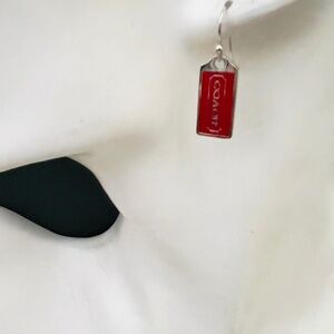 COACH SMALL RED  ICONIC SIGNATURE TAG EARRINGS STERLING EAR WIRES NEW